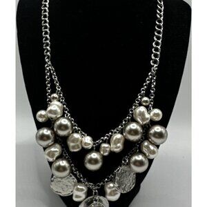 Chico's Necklace Silver Tone Faux gray white Pearls beads disks Pave 16” 4”ext